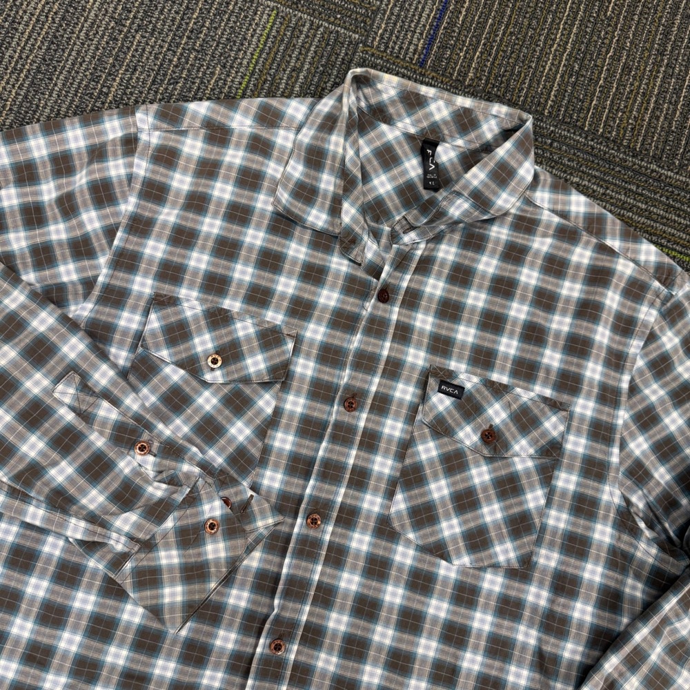 RVCA Mens XL Plaid Brown Button Up Long Sleeve Casual Shirt